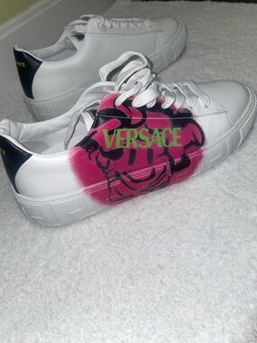 Versace White Sneakers with Hot Pink Graffiti and Neon Green Logo